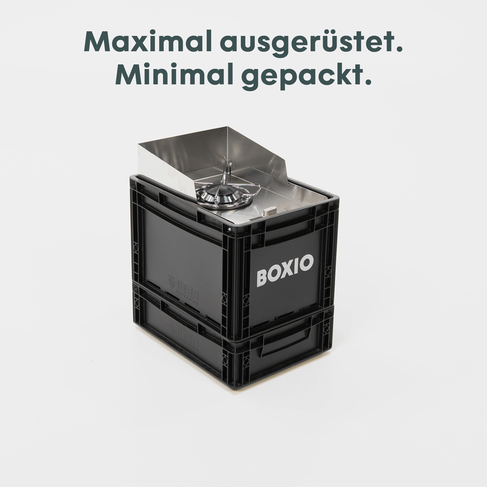 GIF aus mobilem Gaskocher und einer halben Euroboxe mit Geschirr und Besteck und einem Topfset