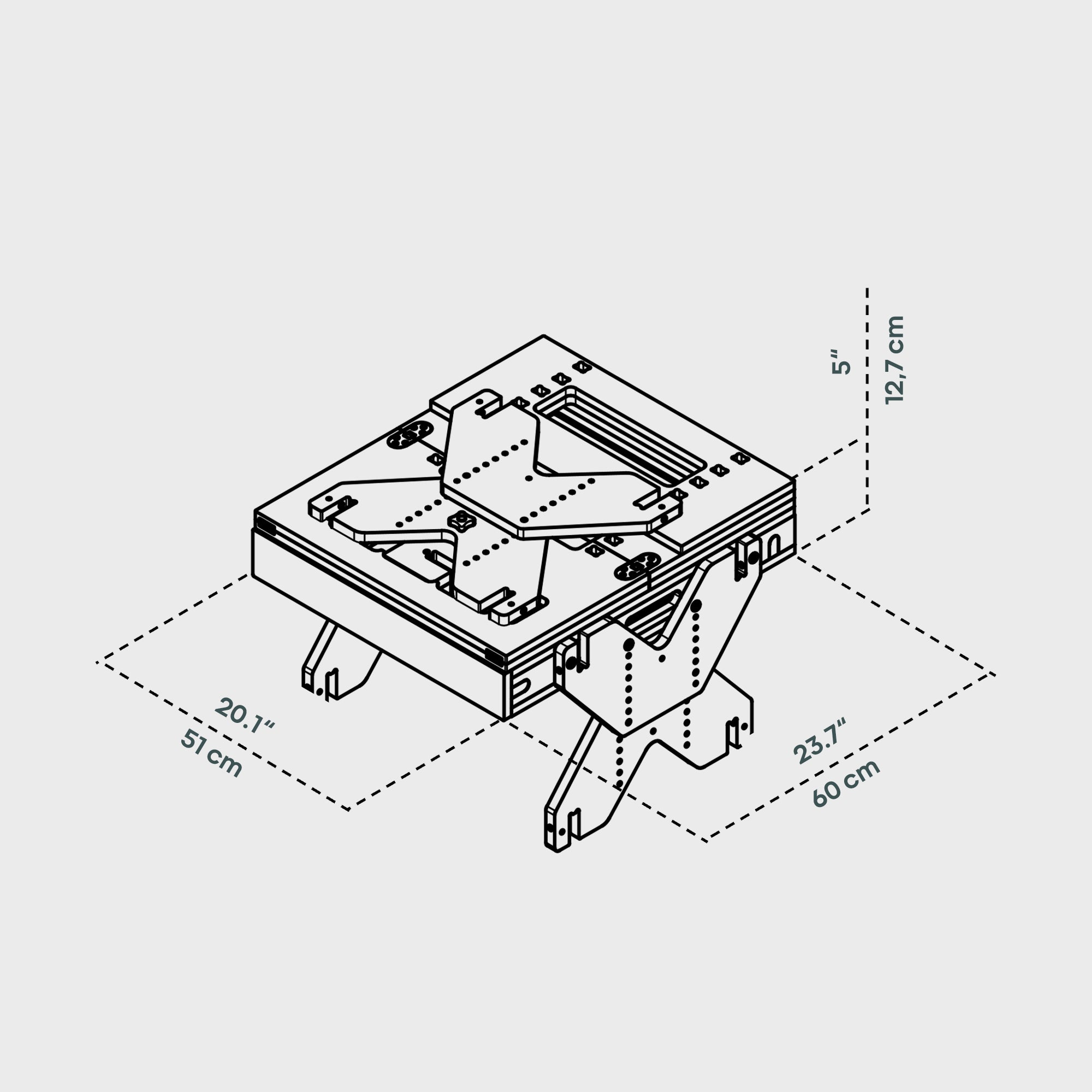 Technische Zeichnung eines Geräteständers mit Abmessungen: 51 cm x 60 cm x 12,7 cm, inklusive Halterungen.