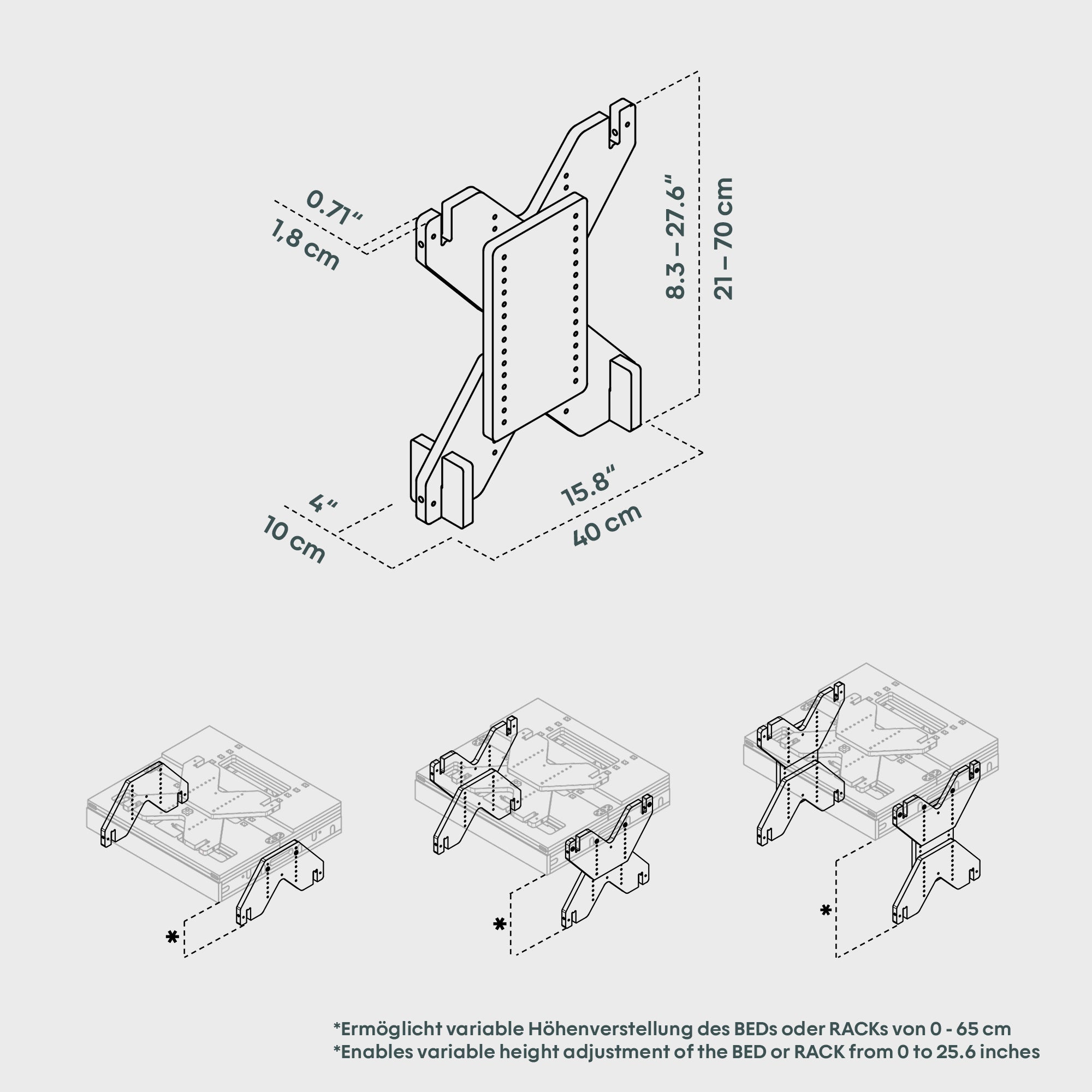 Technische Zeichnung eines höhenverstellbaren Halters mit Maßen und Funktionen für Geräteinstallation.